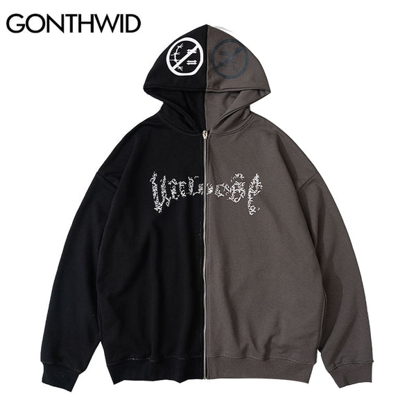 GONTHWID Hip Hop Zip Up Gothic Hoodie Jacket Hooded Sweatshirt Two Tone Punk Zipper Coat 2023 Mens Harajuku Autumn Cotton Jacket