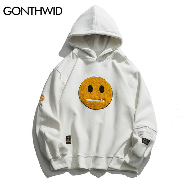 GONTHWID Hoodies Streetwear Hip Hop Zipper Pocket Smile Face Patchwork Hooded Sweatshirts Harajuku Casual Pullover Tops