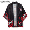 GONTHWID Japanese Devil Print Kimono Cardigan Shirts Casual Open Front Coats Streetwear Harajuku Hip Hop Jackets Summer Tops Men