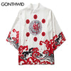 GONTHWID Japanese Devil Print Kimono Cardigan Shirts Casual Open Front Coats Streetwear Harajuku Hip Hop Jackets Summer Tops Men
