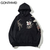 GONTHWID Japanese Streetwear Hoodie Hip Hop Sweatshirt Embroidered Fox Hooded 2023 Mens Harajuku Cotton Casual Pullover Black