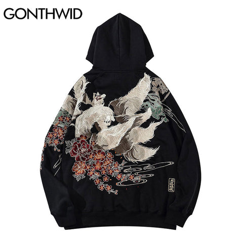 GONTHWID Japanese Streetwear Hoodie Hip Hop Sweatshirt Embroidered Fox Hooded 2023 Mens Harajuku Cotton Casual Pullover Black