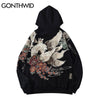 GONTHWID Japanese Streetwear Hoodie Hip Hop Sweatshirt Embroidered Fox Hooded 2023 Mens Harajuku Cotton Casual Pullover Black