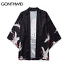 GONTHWID Japanese Style Cranes Print Kimono Cardigan Jackets Coat Tops Hip Hop Harajuku Casual Streetwear Jacket Coats