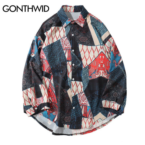 GONTHWID Japanese Ukiyo E Geometry Patchwork Long Sleeve Shirts 2023 Hip Hop Casual Streetwear Shirts Men Women Tops