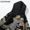 GONTHWID Japanse Streetwear Hoodie Hip Hop Sweatshirt Embroidered Dragon Phoenix Hooded 2023 Mens Harajuku Cotton Pullover Black