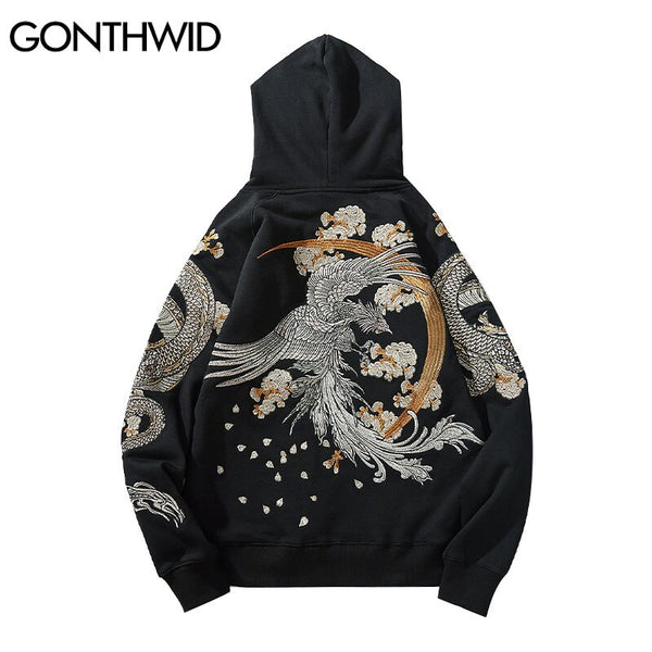 GONTHWID Japanse Streetwear Hoodie Hip Hop Sweatshirt Embroidered Dragon Phoenix Hooded 2023 Mens Harajuku Cotton Pullover Black