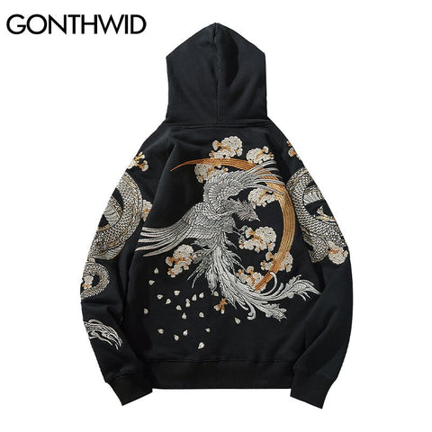 GONTHWID Japanse Streetwear Hoodie Hip Hop Sweatshirt Embroidered Dragon Phoenix Hooded 2023 Mens Harajuku Cotton Pullover Black