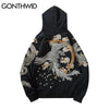 GONTHWID Japanse Streetwear Hoodie Hip Hop Sweatshirt Embroidered Dragon Phoenix Hooded 2023 Mens Harajuku Cotton Pullover Black