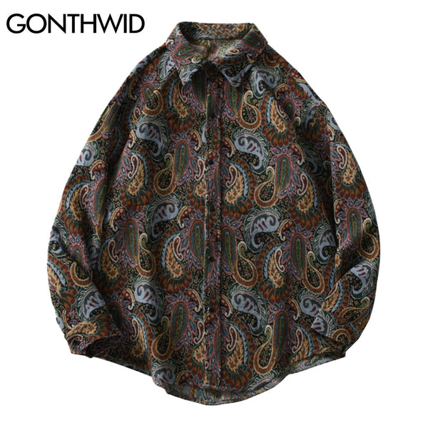 GONTHWID Knitted Shirts Harajuku Bandana Paisley Pattern Flowers Button Shirt Hip Hop Casual Long Sleeve Streetwear Tops Coats