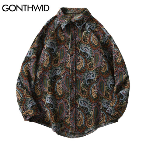 GONTHWID Knitted Shirts Harajuku Bandana Paisley Pattern Flowers Button Shirt Hip Hop Casual Long Sleeve Streetwear Tops Coats