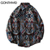 GONTHWID Knitted Shirts Nation Style Geometry Flowers Color Block Patchwork Long Sleeve Button Shirt Hip Hop Casual Tops Coats