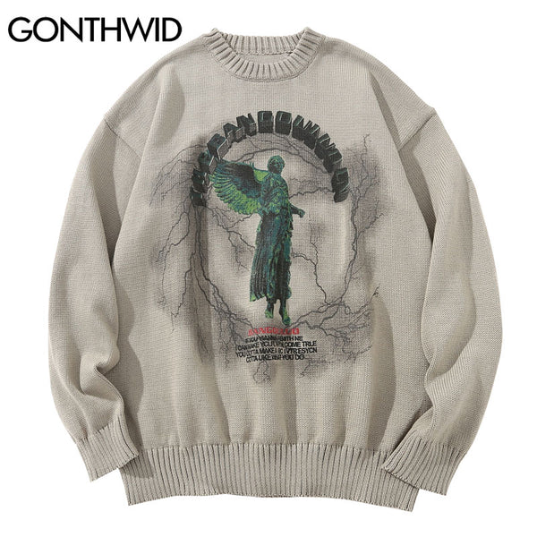 GONTHWID Knitted Sweaters Hip Hop Lightning 3D Angel Statue Print Pullover Sweater Streetwear Hip Hop Casual Loose Tops