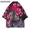 GONTHWID Koi Carp Fish Cherry Blossoms Flowers Print Japanese Kimono Cardigan Jackets Streetwear Hip Hop Harajuku Casual Tops