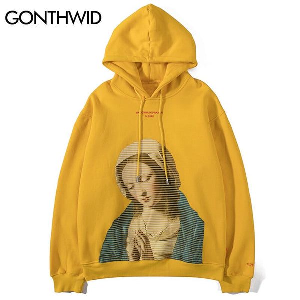 GONTHWID Madonna In Prayer Painting Print Fleece Hoodies Religion Hooded Sweatshirts Men Hip Hop Casual Streetwear Tops Outwear
