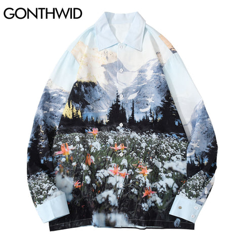 GONTHWID Mountain Flowers Landscape Print Long Sleeve Hawaiian Beach Shirts Streetwear Mens Harajuku Casual Blouse Shirt Tops
