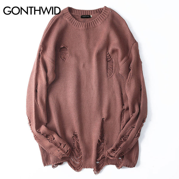 GONTHWID Ripped Destroyed Holes Distressed Sweaters Mens Knitted Pullover Sweater Male Hip Hop Loose Sweater Streetwear