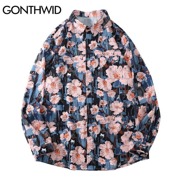 GONTHWID Shirts Hip Hop Harajuku Graffiti Flowers Floral Print Long Sleeve Shirt Men Casual Loose Button Streetwear Tops