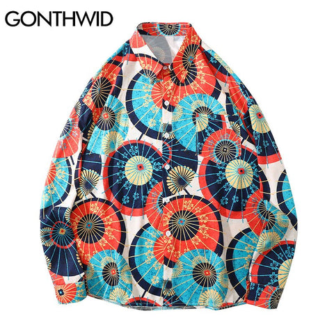 GONTHWID Shirts Streetwear Hip Hop Colorful Umbrella Print Button Blouse Mens Harajuku Casual Loose Long Sleeve Tops