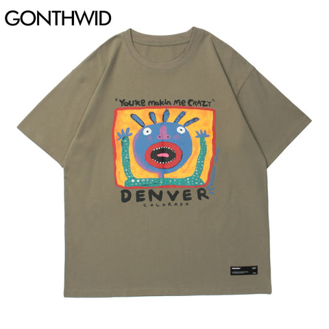 GONTHWID Short Sleeve Tees Hip Hop Men Streetwear Funny Cartoon Print Cotton T-Shirts Casual Harajuku Loose Tshirts Tops
