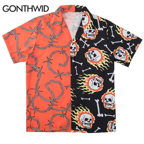 GONTHWID Skull Chain Bone Print Color Block Patchwork Hawaiian Shirts Hip Hop Casual Short Sleeve Button Down Tops Streetwear