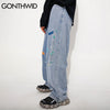 GONTHWID Smiling Face Graffiti Denim Pants Streetwear Men Hip Hop Casual Harajuku Pockets Loose Jean Pants Trousers Male