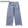 GONTHWID Smiling Face Graffiti Denim Pants Streetwear Men Hip Hop Casual Harajuku Pockets Loose Jean Pants Trousers Male