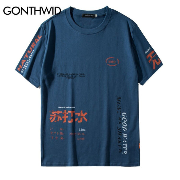 GONTHWID Soda Water Ripped Printed T Shirts Streetwear 2023 Hip Hop Chinese Character Casual Short Sleeve Tops Tees Men Tshirts