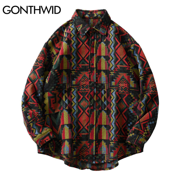 GONTHWID Southwestern Aztec Tribal Indian Button Shirts Streetwear Hip Hop Geometry Pattern Casual Long Sleeve Shirt Tops Coats