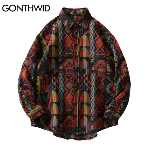 GONTHWID Southwestern Aztec Tribal Indian Button Shirts Streetwear Hip Hop Geometry Pattern Casual Long Sleeve Shirt Tops Coats