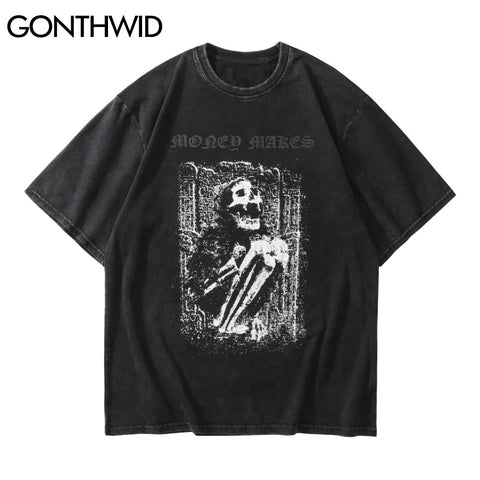 GONTHWID Streetwear Distressed T-Shirts Hip Hop Skeleton Skull Short Sleeve Tshirts Punk Rock Gothic Tees Shirts Harajuku Tops