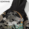 GONTHWID Streetwear Hoodie Hip Hop Sweatshirt Streetwear Embroidered Dragon Hooded 2023 Mens Harajuku Cotton Pullover Black