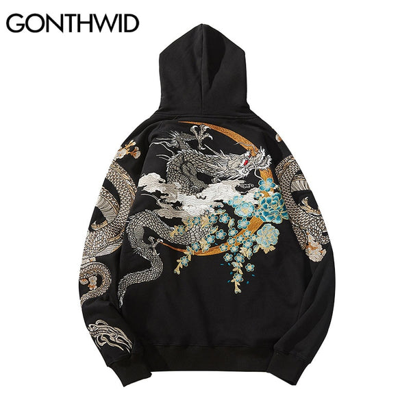GONTHWID Streetwear Hoodie Hip Hop Sweatshirt Streetwear Embroidered Dragon Hooded 2023 Mens Harajuku Cotton Pullover Black