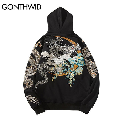 GONTHWID Streetwear Hoodie Hip Hop Sweatshirt Streetwear Embroidered Dragon Hooded 2023 Mens Harajuku Cotton Pullover Black