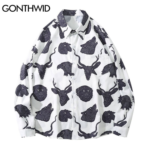 GONTHWID Streetwear Shirts Deer Eagle Wolf Monkey Print Long Sleeve Blouse Shirt Mens Harajuku Casual Loose Hip Hop Tops