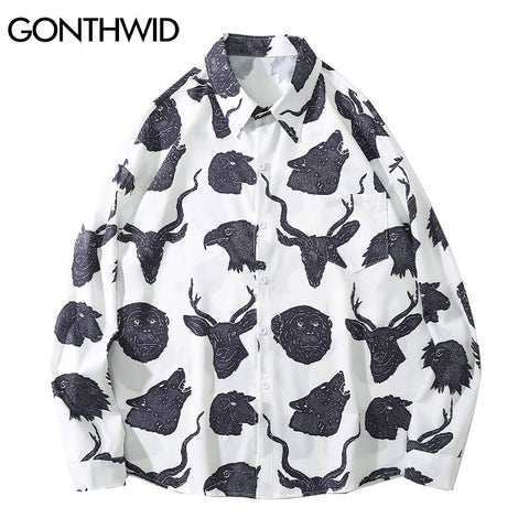 GONTHWID Streetwear Shirts Deer Eagle Wolf Monkey Print Long Sleeve Blouse Shirt Mens Harajuku Casual Loose Hip Hop Tops