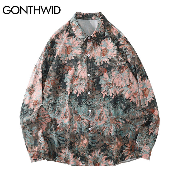 GONTHWID Streetwear Shirts Graffiti Daisy Flower Painting Print Blouse Hip Hop Harajuku Loose Long Sleeve Casual Tops