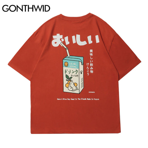 GONTHWID T-Shirt Streetwear Harajuku Japanese Milk Print Tees Shirts Hip Hop Cotton Summer Casual Loose Tshirts Tops