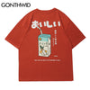 GONTHWID T-Shirt Streetwear Harajuku Japanese Milk Print Tees Shirts Hip Hop Cotton Summer Casual Loose Tshirts Tops