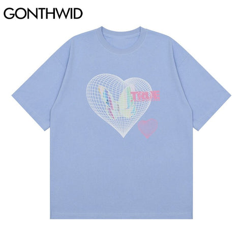 GONTHWID T-Shirts Hip Hop 3D Butterfly Heart Print Tshirts Harajuku Streetwear Cotton Casual Summer Tees Tops