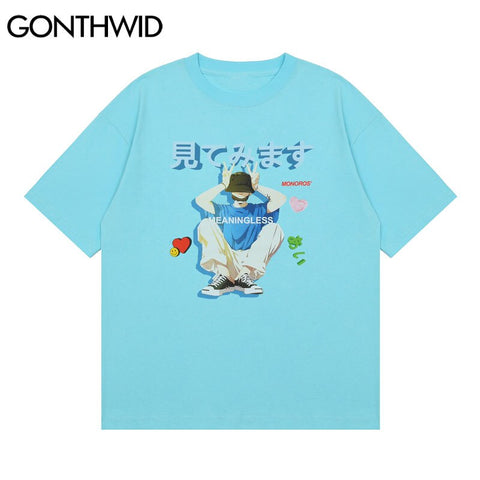 GONTHWID T-Shirts Hip Hop Japanese Cartoon Boy Print Tshirts Hip Hop Streetwear Harajuku Casual Summer Loose Cotton Tees Tops