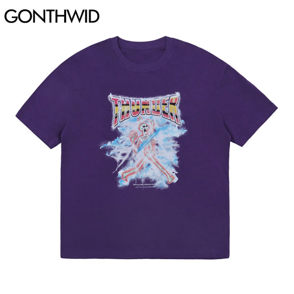 GONTHWID T-Shirts Hip Hop Streetwear Men Gothic Punk Rock Lightning Skull Print Cotton Casual Harajuku Short Sleeve Tees Tops