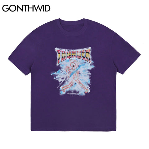 GONTHWID T-Shirts Hip Hop Streetwear Men Gothic Punk Rock Lightning Skull Print Cotton Casual Harajuku Short Sleeve Tees Tops
