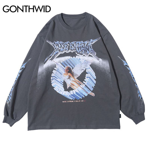 GONTHWID Tees Shirts Creative 3D Angel Print Long Sleeve Tshirts Streetwear Hip Hop Hipster Casual Loose T-Shirts Tops