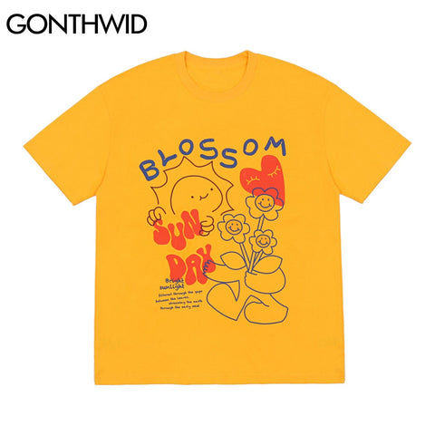 GONTHWID Tees Shirts Harajuku Graffiti Cartoon Flowers Short Sleeve Tshirts Hip Hop Casual Streetwear T-Shirts Cotton Loose Tops