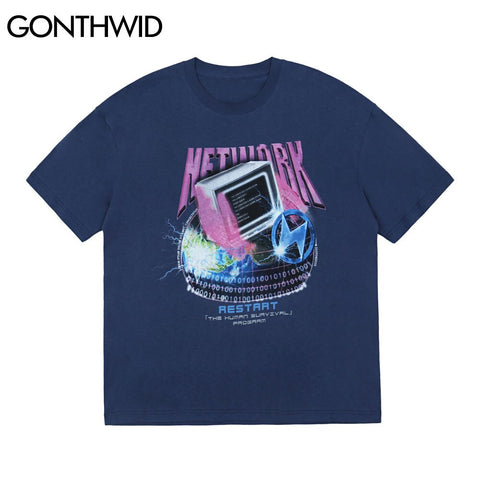 GONTHWID Tees Tops Punk Rock Gothic Harajuku Hip Hop Men Lightning Earth TV Print Streetwear Cotton Casual Short Sleeve T-Shirts
