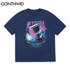 GONTHWID Tees Tops Punk Rock Gothic Harajuku Hip Hop Men Lightning Earth TV Print Streetwear Cotton Casual Short Sleeve T-Shirts