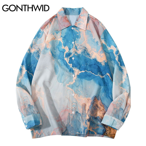 GONTHWID Tie Dye Painting Print Beach Hawaiian Shirts Long Sleeve Button Shirt Hip Hop Harajuku Casual Holiday Party Blouse Tops