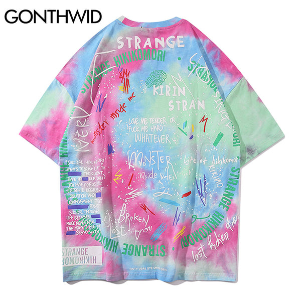 GONTHWID Tie Dye Tees Shirts Streetwear Hip Hop Graffiti Print Short Sleeve Tshirts Mens Harajuku Hipster Casual Tops Fashion