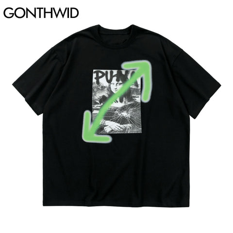 GONTHWID Tshirts Funny Graffiti Mona Lisa Smile Face Tees Shirts Streetwear Hip Hop Harajuku Casual Cotton Loose Tops